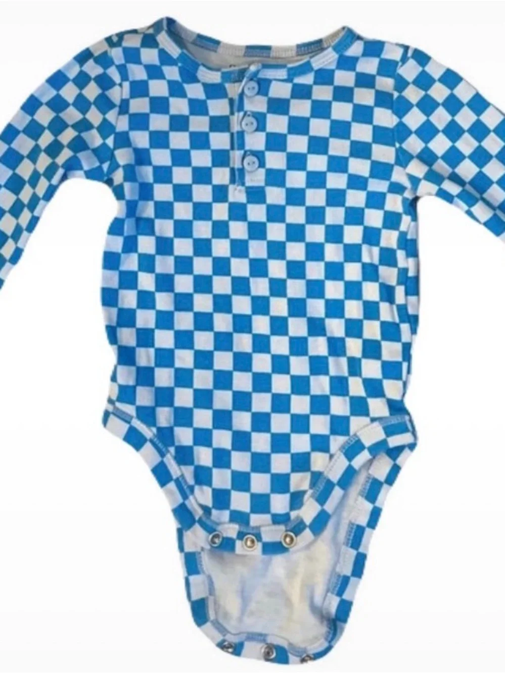 Old Navy Blue and White Checkered Long-Sleeve Baby One-Piece 6-12m